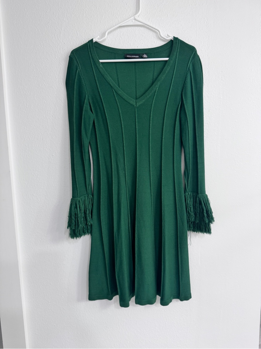 Nina Leonard Emerald Green Fringe Sleeve A-Line Sweater Dress Size Small V-Neck⁠
